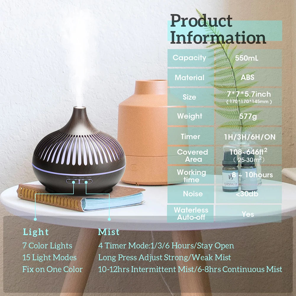 500ml Wood Grain Aromatherapy Essential Oil Diffuser with Remote
