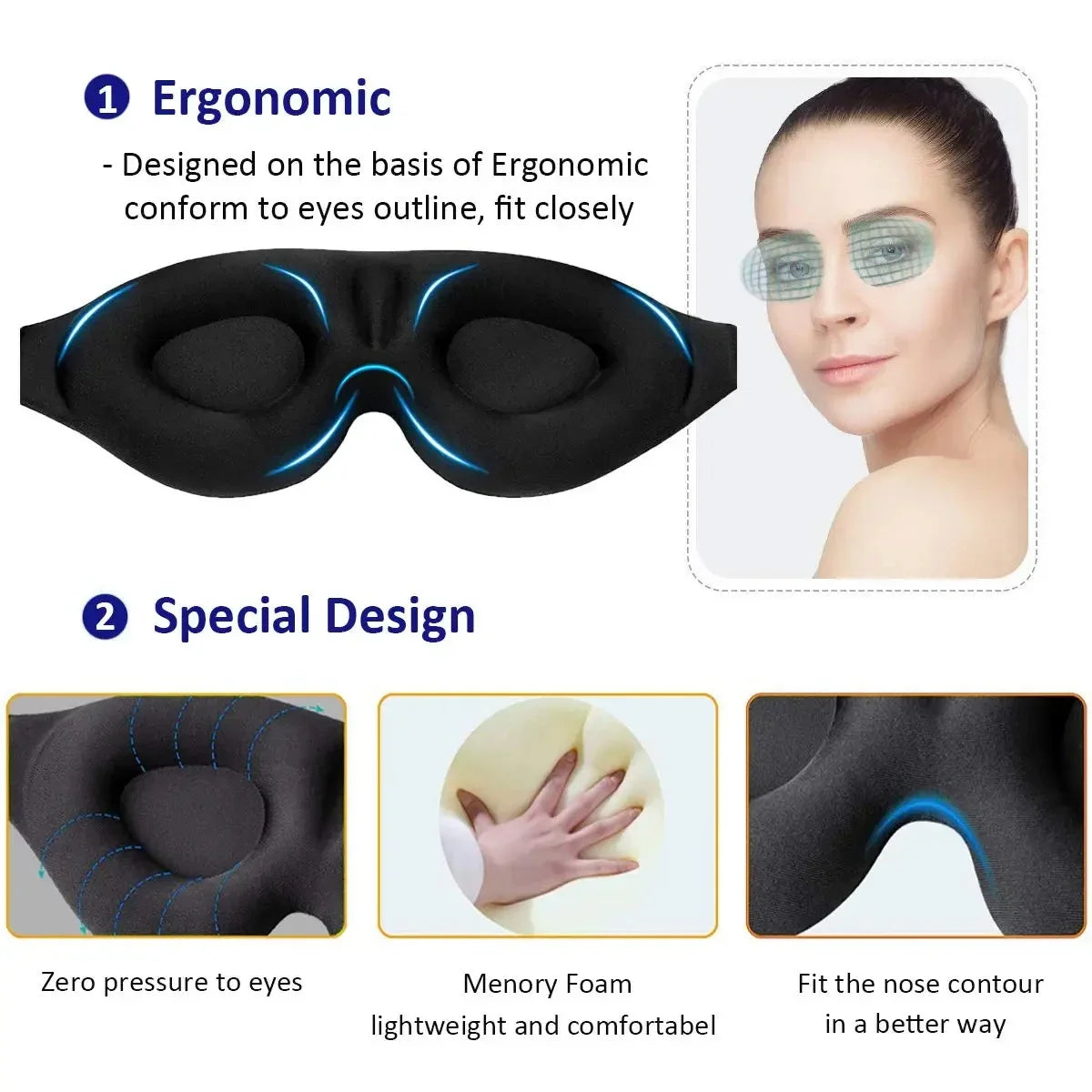 3D Contoured Sleep Mask – Light Blocking Eye Blindfold